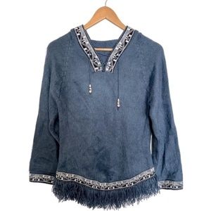 Soft Blue Knit Hoodie with Fringe Trim
